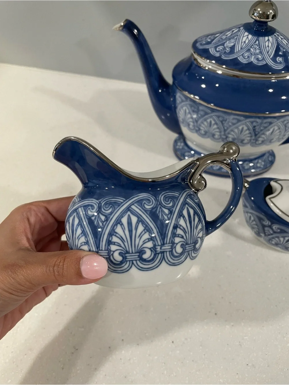 Bombay Blue & White Porcelain Tea Set – Teapot, Creamer & Lidded Sugar Bowl
